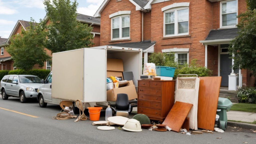 Junk removal crew loading unwanted household items into a hauling truck