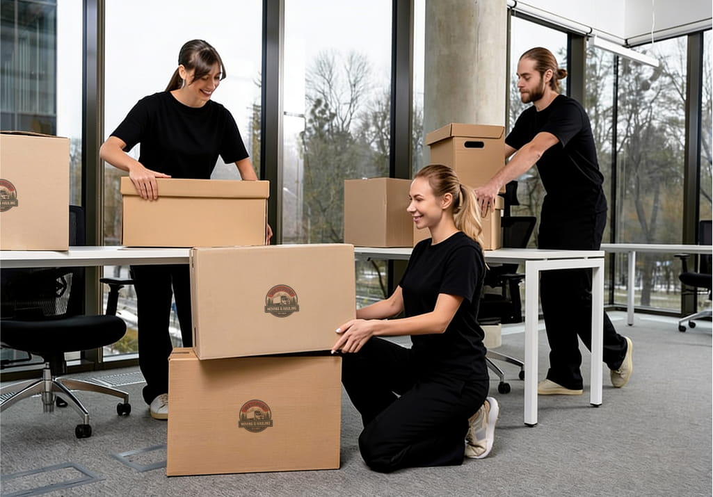 Commercial moving crew relocating office furniture and equipment