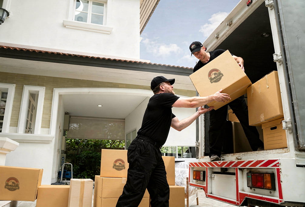 Residential movers carrying furniture out of a home